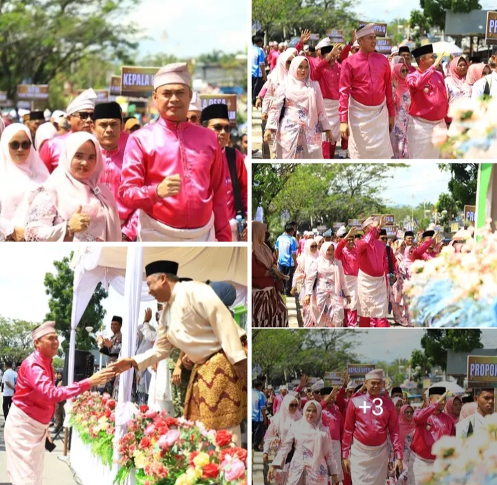 Zulfahrianto SE Bersama Ketua TP PKK Desa Sontang Dampingi Kafilah Bonai Darussalam, Kafilah Bonai Darussalam Tampil Meriah Di Pembukaan MTQ XXV Rohul